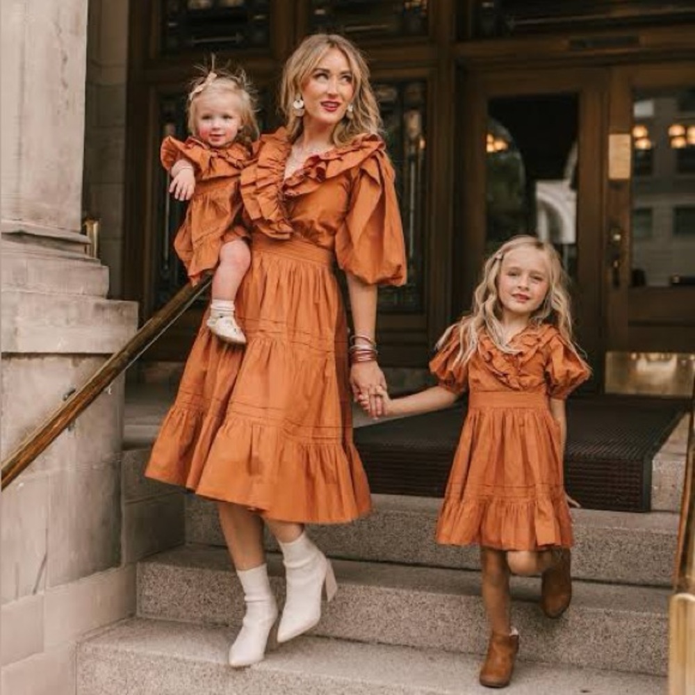 Ivy City Co Rust Orange Ruffle Midi Dress